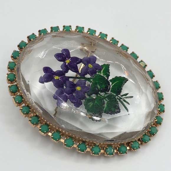 Vintage Reverse Hand Painted Glass Rhinestone Pin - Picture 4 of 9
